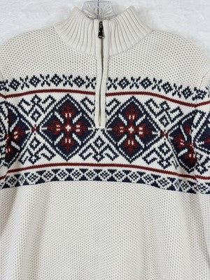Izod Sweater Men Medium 1/4 Zip Fair Isle 100% Cotton Long Sweater