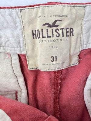 Hollister Cargo Shorts 31 Mens Red 8” Button Fly Chino 100% Cotton Flat Front