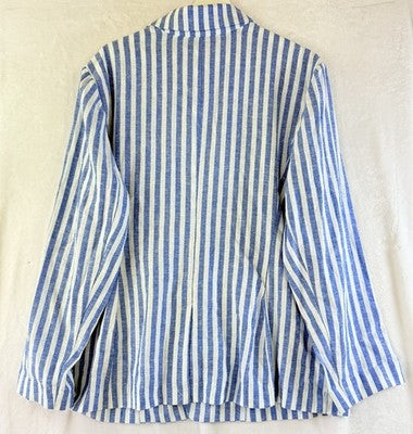J Jill Linen Blend Striped Blazer Womens XL Royal Blue Cream 2 Button Unlined