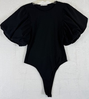 Zara Bodysuit Medium Black Puff Sleeve Top Womens