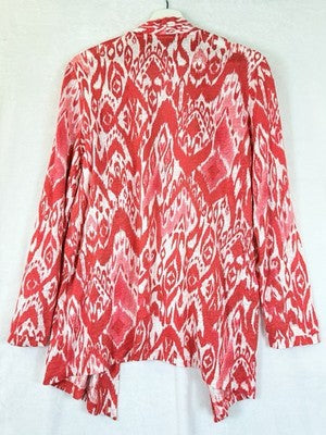 Chicos Size 1 100% Linen Cardigan Sweater Medium Womens Red Print Open Front Top
