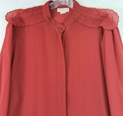 Vintage 70s 80s Red Chiffon Blouse Large Shoulder Pads Secretary Top 9 To 5
