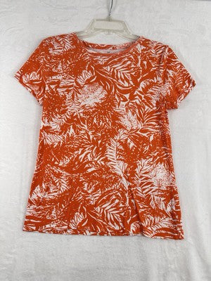 Talbots Medium Tee Short Sleeve Orange Floral Print Round Neck Womens Tops