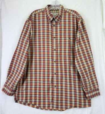 Orvis Mens Large Plaid Button Down Shirt Long Sleeve Orange Red Tan 100% Cotton