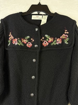 Carroll Reed Wool Cardigan Medium Black Embroidered Flowers Vintage