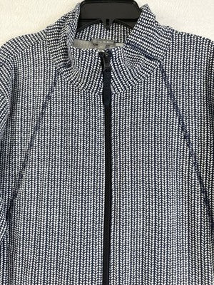 T By Talbots Jacket 2X Knit Full Zip Long Sleeve Mock Neck Blue Print Cotton