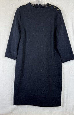 Talbots Dress Medium Shift Navy Blue Knit 3/4 Sleeve Heathered Button Womens