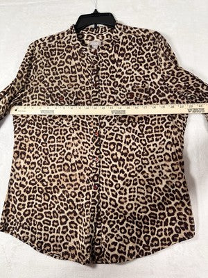Chicos Size 2 Tops Leopard Print Large Roll Tab Long Sleeve Mandarin Collar