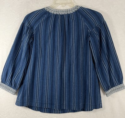 Massimo Dutti Top Womens Small Blue Embroidered Cotton Blouse 3/4 Sleeve Boho