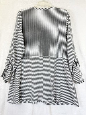 J Jill Large Top Tunic Blouse Gray White Stripe Lightweight Long Sleeve Roll Tab