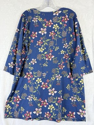 Woman Within Tops 3/4 Sleeve Tunic Henley Blue Floral 14 16 Plus Size Womens