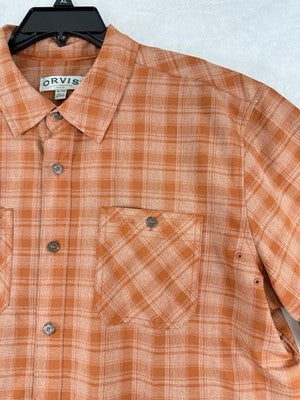 Orvis Men’s XL Shirt Short Sleeve Tech Plaid Orange Button Up Pockets Collar