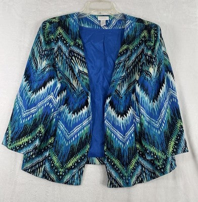 Chicos Size 1 Jacket Medium Blue Green 3/4 Sleeve Chevron Blazer Cotton Stretch
