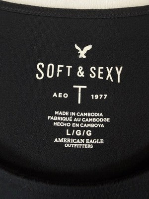American Eagle Soft Sexy T Black Long Sleeve Flowers Embroidered Large Womens