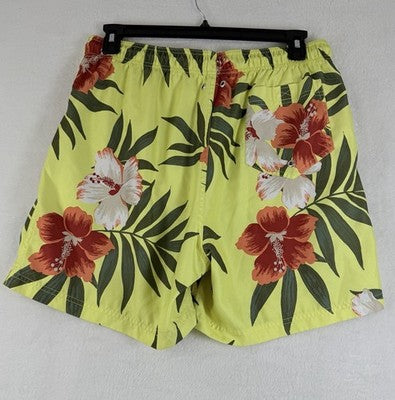 Lands End Swim Trunks Mens Large Yellow Floral Shorts Lined