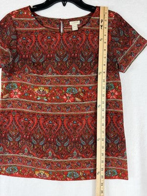 J Crew Top XXS Short Sleeve Red Floral Paisley Print Lightweight Womens