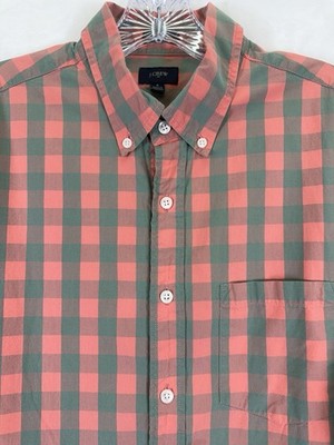 J Crew Shirt Mens Medium Orange Green Plaid Button Down Long Sleeve Cotton