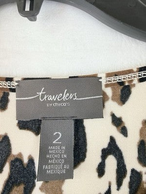 Chicos Travelers 2 Top Leopard Print Tunic 3/4 Sleeve Asymmetrical Womens Large