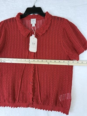 Gap x Dôen Linen Cardigan Large Women Red Short Puff Sleeve Button Front Top New