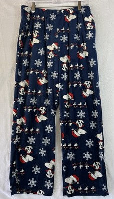 Peanuts Pajama Pants Large Blue Snoopy Santa Clause Fleece
