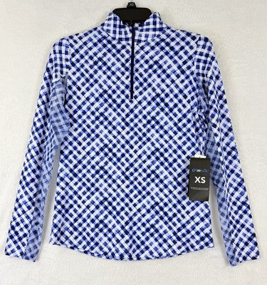 IBKUL Womens Long Sleeve Top XS 1/4 Zip Mock Neck Blue Gingham Check Golf 18076