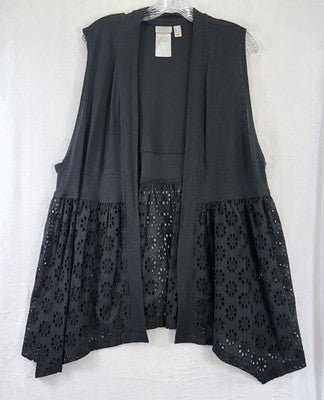LOGO by Lori Goldstein Eyelet Open Front Sleeveless Cardigan Vest Black Large