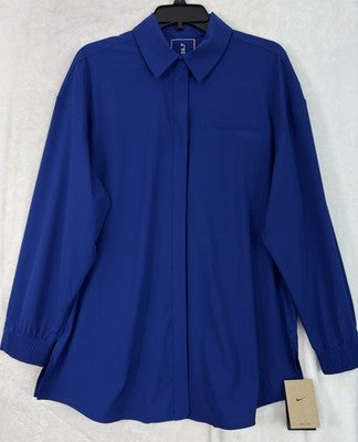 Nike 24.7 Perfect Stretch Shirt Large Women Long Sleeve Snap Front Blue Top NEW