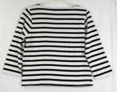 J Crew Top Women Small Boatneck White Navy Blue Striped 3/4 Sleeve 100% Cotton