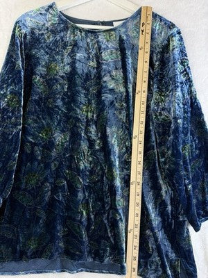 J Jill Top Large Blue Floral Velour 3/4 Sleeve Women Medium