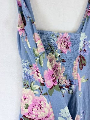 Gap Maxi Dress XS Petite Linen Blend Square Neck Blue Pink Floral Sleeveless New