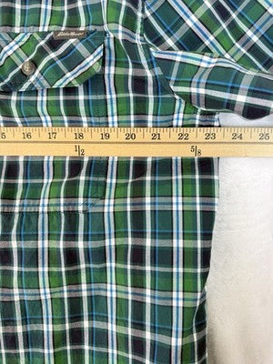 Eddie Bauer XL Short Sleeve Shirt Green Blue Button Up Lightweight