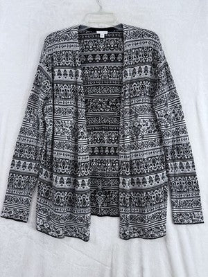J Jill Small Cardigan Sweater Black White Damask Knit Long Sleeve Womens