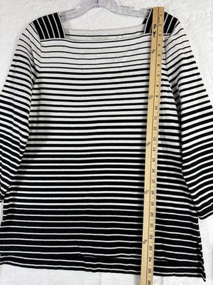 Talbots Tee Medium Knit Tops 3/4 Sleeve Square Neck Black White Stripe Womens