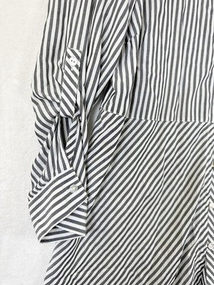 J Jill Large Top Tunic Blouse Gray White Stripe Lightweight Long Sleeve Roll Tab