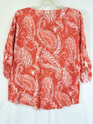 Talbots Tops Small Sweater Lightweight Summer Orange Paisley Floral 100% Cotton