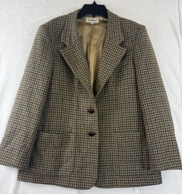 Vintage LL Bean Womens Jacket 12 Petite Brown Houndstooth Wool Blazer 80s 90s