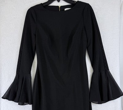 Calvin Klein Dress 2 Chiffon Bell Sleeve Sheath Black Cocktail Party Womens