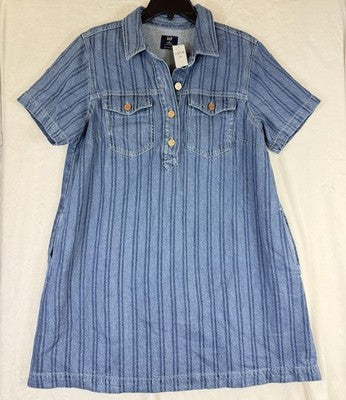 Gap Denim Mini Dress Medium Petite MP Blue Short Sleeve Boho Striped New NWT