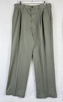 LL Bean Double L Chinos 34x29 Pants Green Pleated Comfort Waist Wrinkle Free Men
