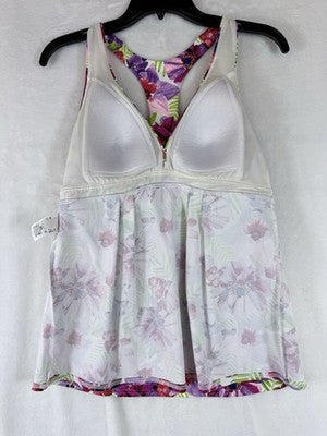 Lands End Tankini Top 8 Flutter Pink Floral Print Swim Swimsuit Womens