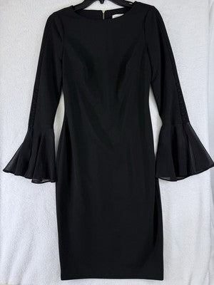Calvin Klein Dress 2 Chiffon Bell Sleeve Sheath Black Cocktail Party Womens