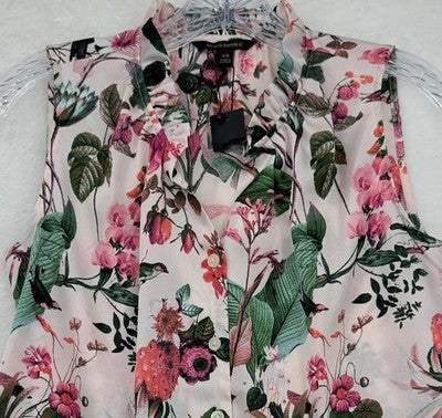Banana Republic Top XS Sleeveless Pink Bird Floral Print Ruffle Neck New NWT