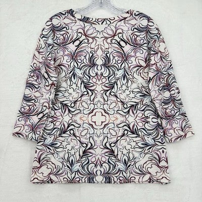 T By Talbots Top 3/4 Sleeve XS Petite Womens Button Hem Purple Print Knit