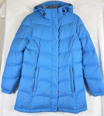 LL Bean Down Jacket Womens Small 3/4 Blue Down Puffer Chevron Quilted