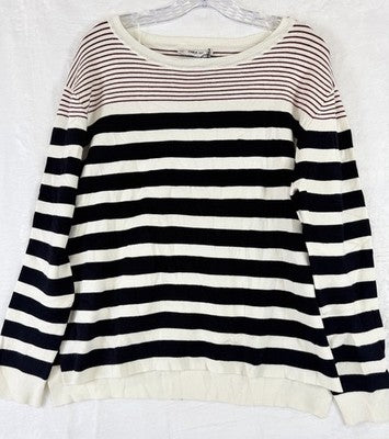 Zara Knit Sweater Women Small Ivory Navy Blue Stripe Long Sleeve Top NWOT