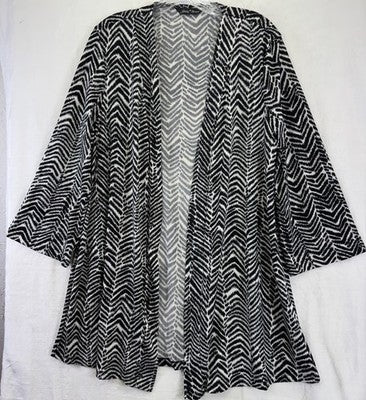 Slinky Brand Cardigan Large Black White Print 3/4 Sleeve Open Front Womens