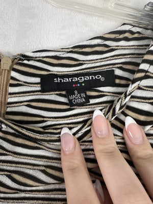 Sharagano Dress Size 8 Fit Flare Sheath Short Knit Tan Beige Navy Blue