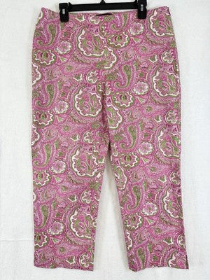 Talbots Classic Side Zip Pants 12 Crop Pink Paisley Women Cotton Stretch Cropped