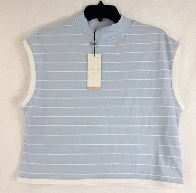 Calia Top Medium Crop Mock Neck Knit Blue White Striped New NWT