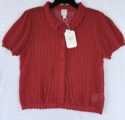 Gap x Dôen Linen Cardigan Large Women Red Short Puff Sleeve Button Front Top New